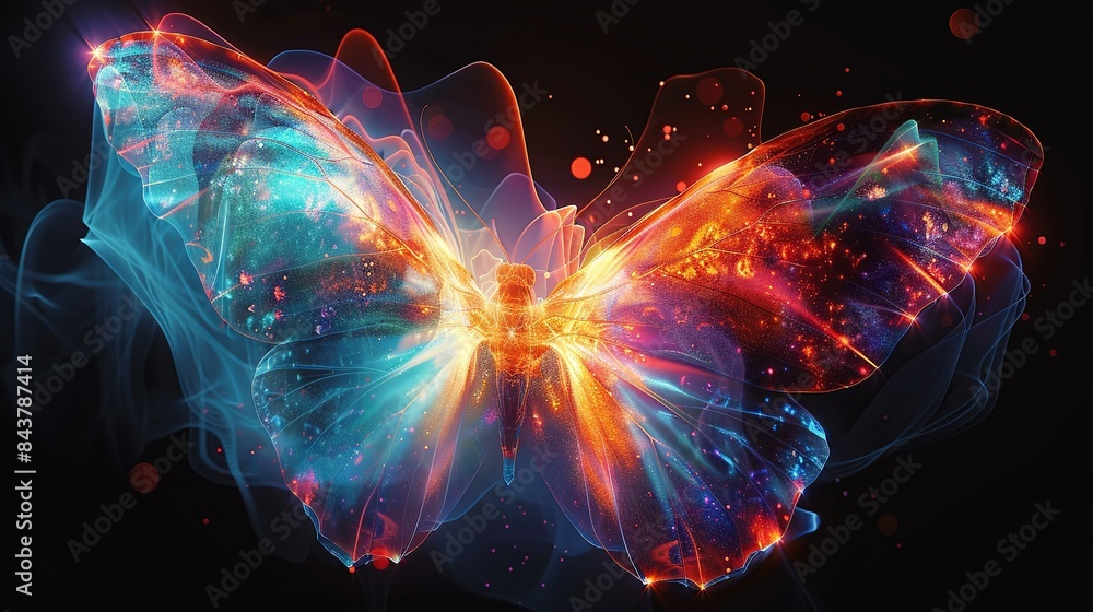 Sticker An abstract image of a butterfly made of light and color, symbolizing transformation, joy, and the peacefulness that comes from within. Clipart illustration style, clean, Minimal,