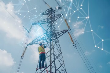 A maintenance engineer works on a high-voltage transmission tower, with a futuristic network overlay symbolizing the interconnectedness of power systems.