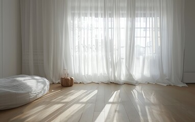 Crisp white sheer curtains in a minimalist studio apartment, allowing soft light to filter through and enhance the spaces airy, open feel