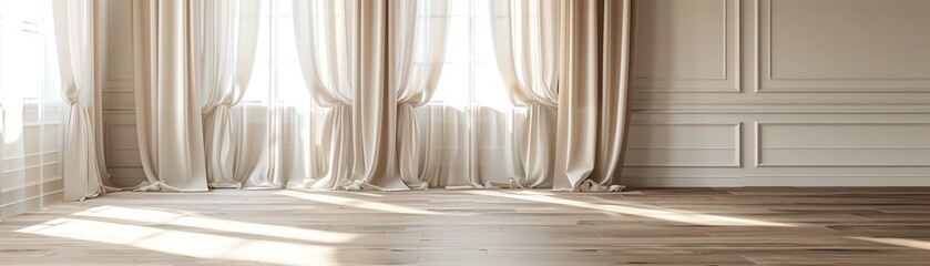 Elegant curtains in a soft beige hue, gracefully hanging in an empty room with white walls and wooden floors, creating a serene and sophisticated ambiance