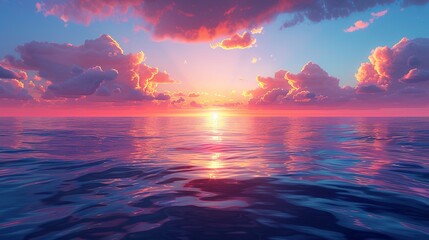 A panoramic view of a calm ocean at sunset, with vibrant colors painting the sky and water, creating a sense of awe and peacefulness. Clipart illustration style, clean, Minimal,