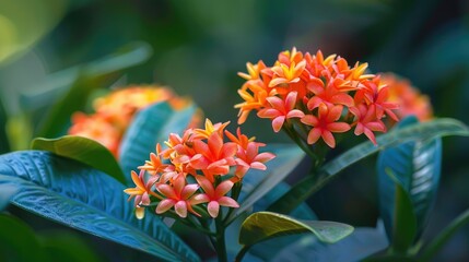 Shrub plant with small dense red or yellow petals Ixora javanica from Java