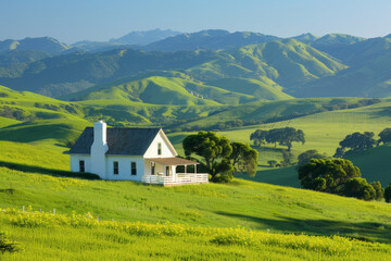 A serene rural countryside landscape featuring rolling hills, green pastures, and a quaint farmhouse under a clear blue sky.. AI generated.