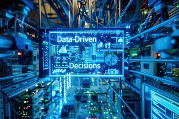 A holographic display in a high-tech control room showcases the phrase Data-Driven Decisions.