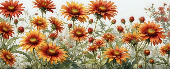 Fototapeta premium Vintage Floral Pattern with Orange Poppies and Sunflowers