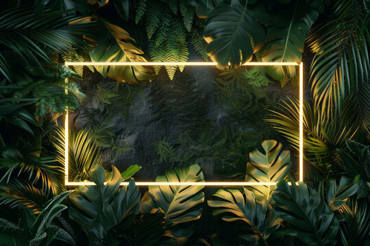 Gold neon frame background with empty space inside, among tropical jungle foliage