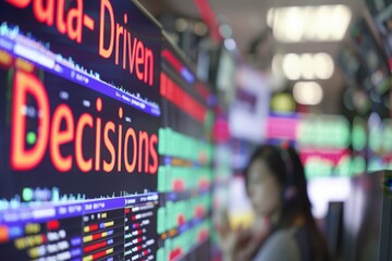 A close-up view of a screen displaying Data-Driven Decisions in a high-tech control room.