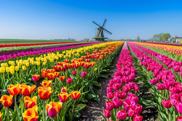 Vibrant tulip field in the picturesque countryside of the Netherlands