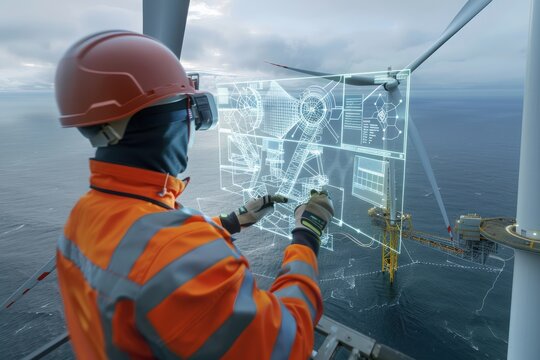 A maintenance engineer examines data on a digital display while standing on an offshore wind turbine platform. - Powered by Adobe