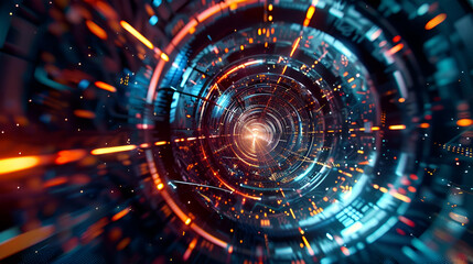 Computer generated image of futuristic tunnel with light at end