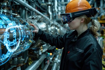 A maintenance engineer wearing augmented reality glasses interacts with a digital interface overlayed on a piece of industrial equipment.
