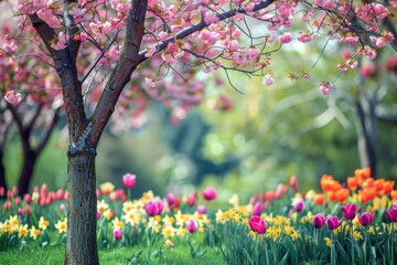 Vibrant Flower Garden in Spring with Cherry Blossoms, Tulips, and Daffodils in Full Bloom