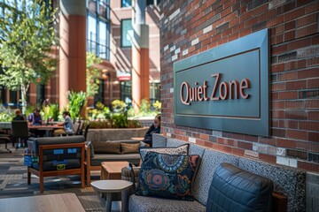 A cozy library corner with comfortable seating, perfect for quiet reading and relaxation. A sign above the seating area reads Quiet Zone.