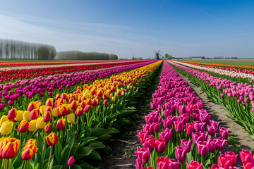 Colorful tulip field in the picturesque Dutch countryside of the Netherlands