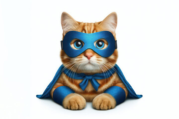 Obraz premium Funny cat wear hero blue mask Isolated on white background