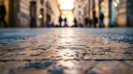 Obraz premium Worn stone street with blurred people. Low angle view of a worn stone street with blurred people walking in the background, emphasizing the texture of the pavement.