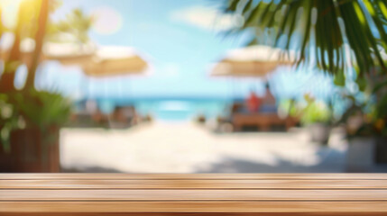 Tropical beach bar background. Wooden table top with blurred background of beach bar, perfect for product placement or summer theme design.