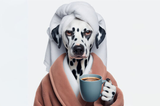 grumpy Dalmatian dog in bathrobe holding cup of coffee Isolated on white background