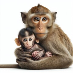 Obraz premium mother monkey with infant clinging tightly to her back Isolated on white background