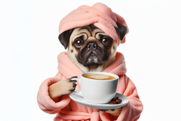 grumpy pug dog in bathrobe holding cup of coffee Isolated on white background