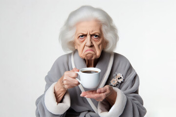 grumpy old woman in bathrobe holding cup of coffee Isolated on white background