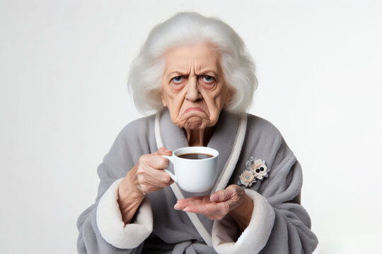 grumpy old woman in bathrobe holding cup of coffee Isolated on white background