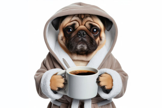 grumpy pug dog in bathrobe holding cup of coffee Isolated on white background