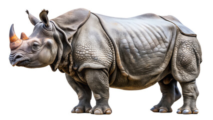 Fototapeta premium a javan rhinoceros standing in profile view against a plain white background