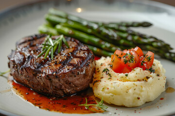 A close-up shot of a gourmet dish featuring a perfectly cooked steak, garlic mashed potatoes, and asparagus, elegantly plated with artistic presentation.. AI generated.