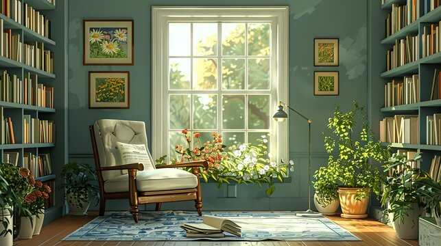 A Quiet Reading Nook By A Window, With A Comfortable Chair, A Stack Of Books, And Soft, Natural Light, Evoking A Sense Of Calm And Contentment. Clipart Illustration Style, Clean, Minimal,