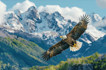 A majestic eagle soaring above a pristine mountain range with snow-capped peaks, lush valleys, and a clear blue sky in the background.. AI generated.