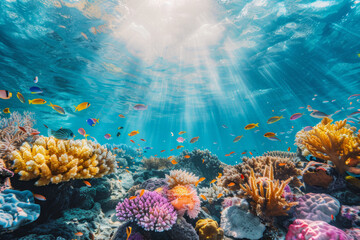 Fototapeta premium A vibrant coral reef teeming with colorful fish and marine life, with shafts of sunlight piercing through the crystal-clear ocean waters.. AI generated.