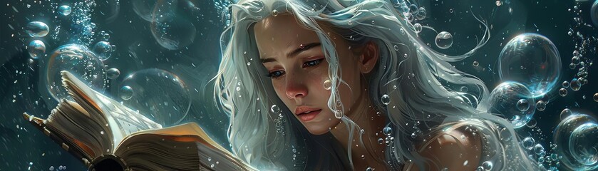 A sorceress studying a spellbook underwater, with bubbles of magic forming around her, Mystical, Soft tones, Illustration, Enchanted study