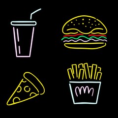 Food and drink objects neon lights style for artwork and restaurant.