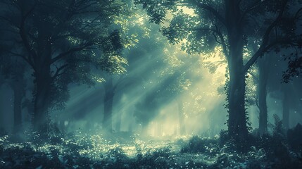 Fototapeta premium A tranquil, foggy morning scene in a forest, with soft light filtering through the trees, creating a mystical and serene atmosphere. Clipart illustration style, clean, Minimal,