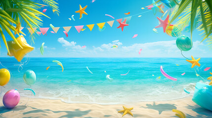 Obraz premium A beach scene with colorful balloons, confetti, starfish, and palm trees