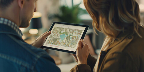 Close-up of a couple browsing real estate listings on a tablet with their agent, high-resolution, high-definition (HD), ultra high-definition (UHD), professional-grade