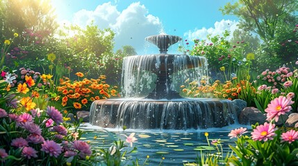 Naklejka premium A tranquil garden scene with a flowing fountain, colorful flowers, and soft sunlight, creating a haven of peace and happiness. Clipart illustration style, clean, Minimal,