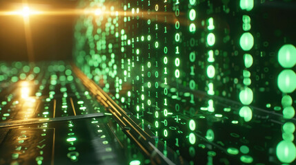 A computer screen with a green background and a row of numbers. The numbers are in binary code and are arranged in a grid. Concept of technology and order.