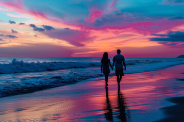 A couple walking hand-in-hand along a beach at sunset, their silhouettes against the colorful sky, symbolizing love, trust, and companionship.. AI generated.