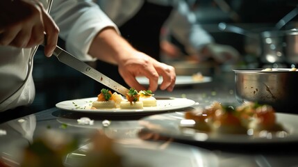 Fototapeta premium Closeup of chef's hands preparing an exquisite dish