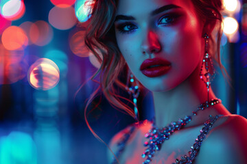 A glamorous runway model showcasing a high-fashion dress with bold makeup and intricate jewelry, strutting under bright lights in a chic urban setting.. AI generated.