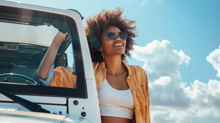 Naklejka premium Happy woman standing next to white SUV and looking at the sky