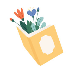 Books with flowers flat icon. Cartoon floral decorations. Wildflowers decor for literature. Poppy, sunflower, forget-me-not, cornflower bouquet on poetry book. Color isolated illustrations