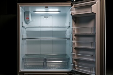 Interior View Of A Clean, Unstocked Fridge With Multiple Shelves And Storage Options. Generative AI