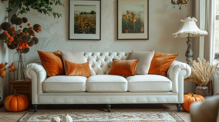 An inviting living room setting with plush sofas and fall-themed decorations like pumpkins and flowers