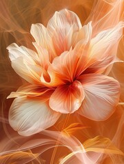 A captivating close-up of a flower with translucent petals in warm orange tones, featuring intricate vein patterns and a soft, glowing light.