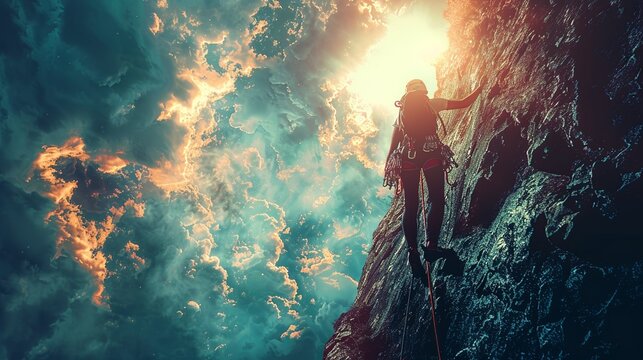 A climber starting at the bottom of a rock wall, making their way up to the summit, symbolizing the hard work and perseverance needed to reach success. Clipart illustration style, clean, Minimal,