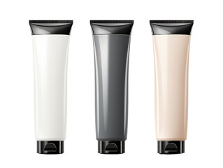 Three blank cosmetic tubes in white, black, and beige, isolated on a white background.