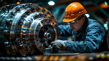 Skilled worker in hardhat operates on complex machinery in a modern industrial space